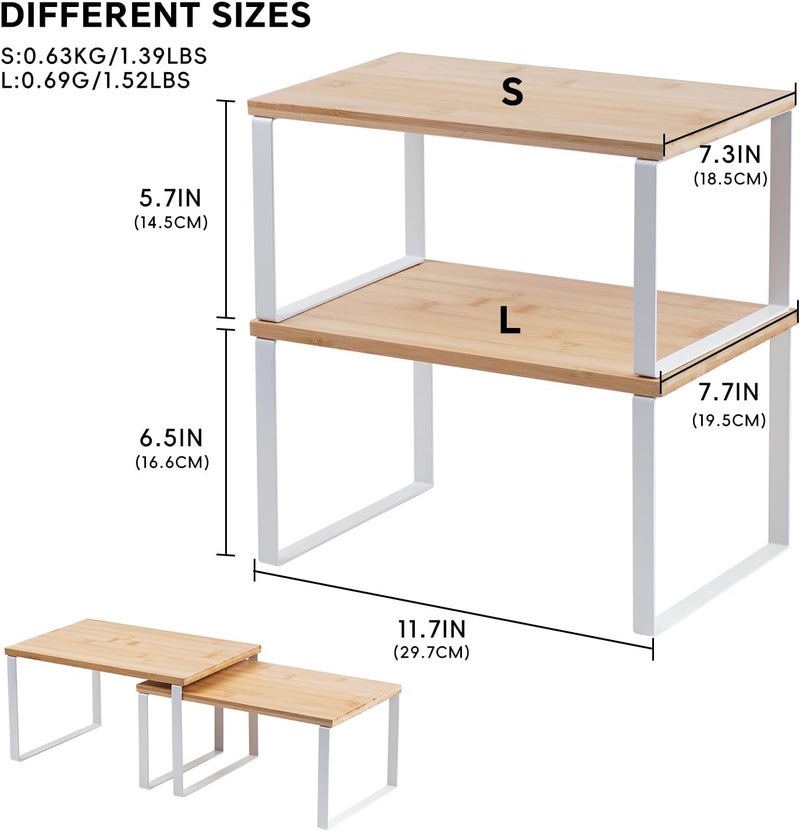 HEY FOLY Kitchen Cabinet Organizer Shelf, Set of 2 Stackable Counter Shelves, Small Wood Cabinet Riser Shelf for Pantry Cupboard Spice Dish Mug Cup, Expandable, Metal Engineered Wood (Beige & White, 11.7''W) - Image 3